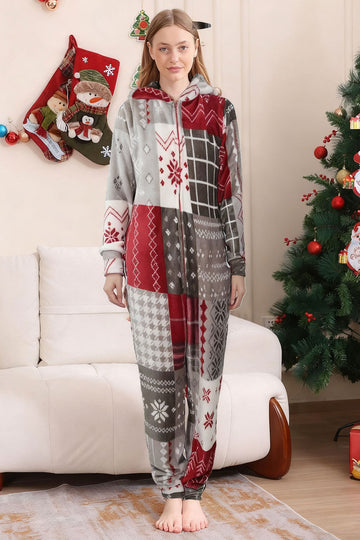 Grey Red One Piece Snowflake Printed Christmas Family Matching Pajamas